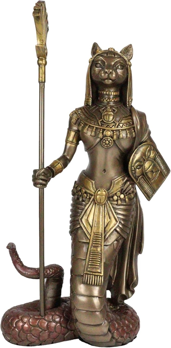 Ebros 11"H Egyptian Feline Goddess Bastet Cat With Slain Snake Apep Tail Holding Spear & Shield Statue 11"H Ubasti Bast Patron Of Protection Health Home Harvest Gods Of Egypt Figurine (Bronze Patina)