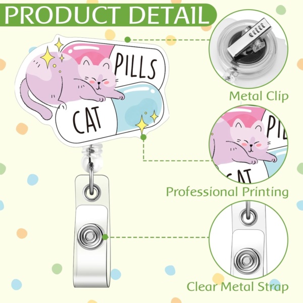 6 Pcs Cats Badge Reel Happy Pills Cat Lover Badge Clip Funny Mental Health Retractable ID Holder for Nurses Doctor Teacher Volunteer ID Card - Image 3