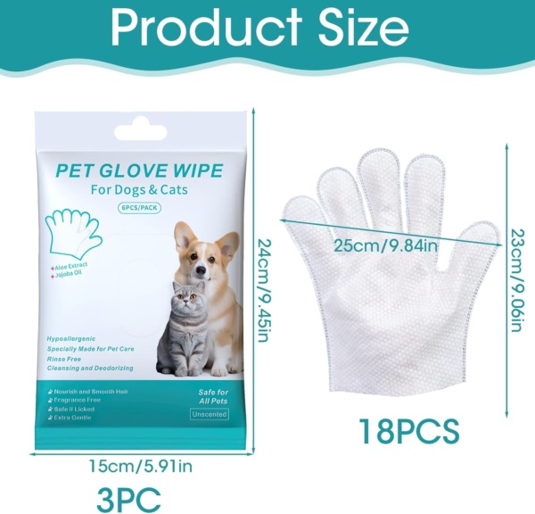 18 Pieces Pet Wipes for Dog and Cat Cleaning Gloves Deodorizing Hypoallergenic Grooming Wipes for Fur Face Paws Ears Butt,Waterless Wash Free Pet Glove Wipes for Daily Care & Traveling - Image 3