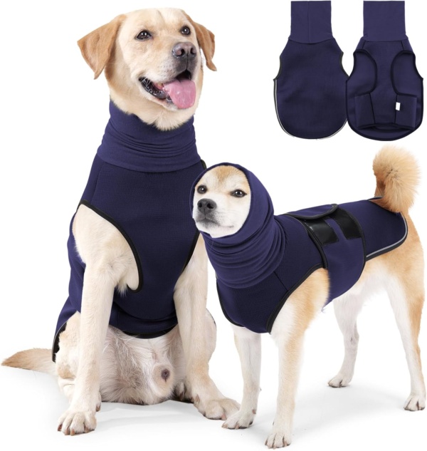 Lelepet Calming Coat with Ear Wrap, Turtleneck Dog Hoodie for Thunder, Fireworks, Comfortable Dog Soothing Shirt with Ear Muffs, Anxiety Relief Vest, Navy Blue M