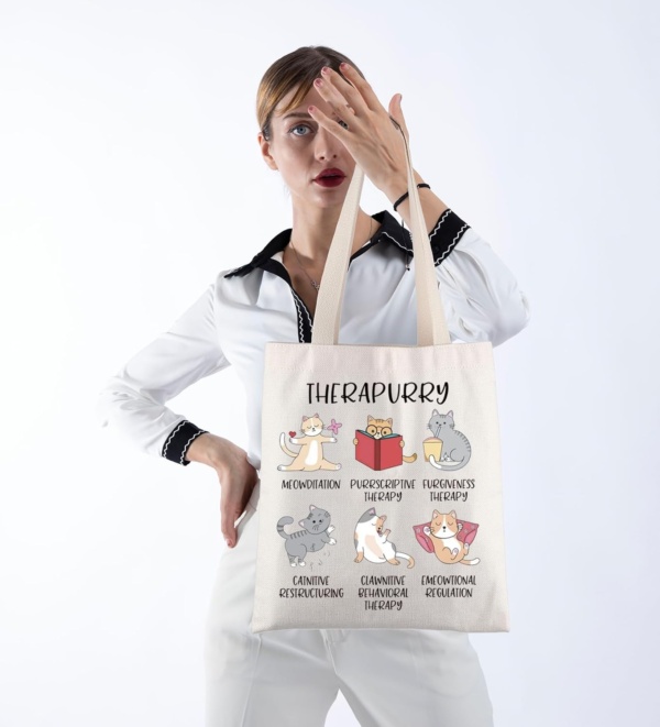 POFULL Therapurry Cats Puns Gift Emotional Regulation Mental Health Cats Gift Cats Lover Gift Therapist Cats Lover Tote Bag - Image 5