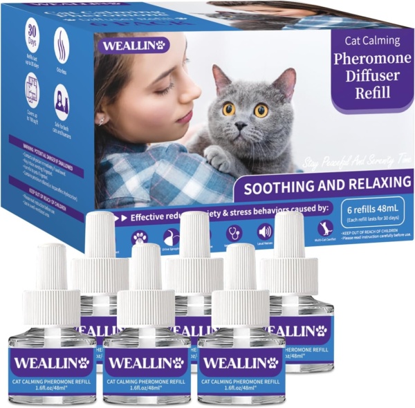 6 Pack Cat Calming Plug-in Refills - Cat Pheromone Diffuser Refills Relieve Anxiety & Stress 6 Month Supply, Cat Pheromones Calming Diffuser Refill(Fits All Common Diffuser Heads)