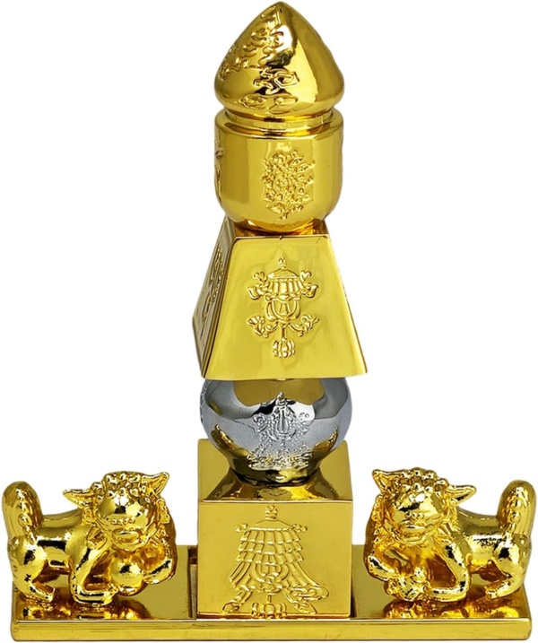 Feng Shui 5 Element Pagoda with 8 Auspicious Objects and Fu Dogs Lucky Fortune Decoration Meaning Health Wealth Figurine Mini