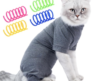 1 Piece Cat Recovery Suit With 4 Spring Toys, Soft Breathable Cat Clothes, Wound Protection Vest, Pet Pajamas (Grey)