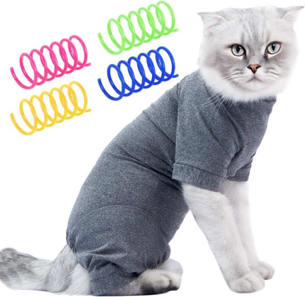 1 Piece Cat Recovery Suit With 4 Spring Toys, Soft Breathable Cat Clothes, Wound Protection Vest, Pet Pajamas (Grey)