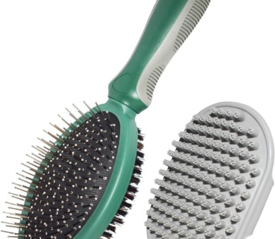 2-in-1 Dog Grooming Brush, Double Sided Pet Hair Brush with Rounded Pins & Bristles, for Short/Long Haired Dogs & Cats, Promotes Skin Health & Coat Cleanliness