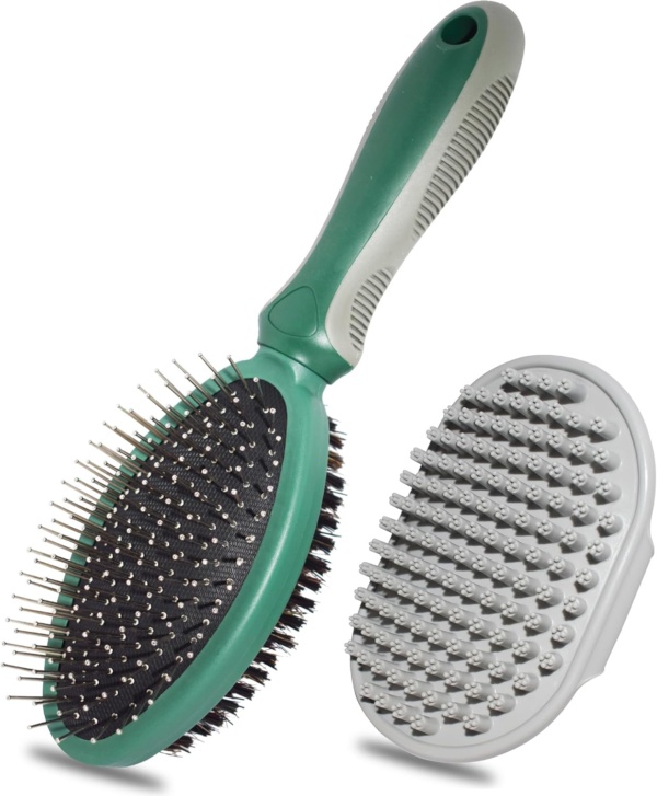 2-in-1 Dog Grooming Brush, Double Sided Pet Hair Brush with Rounded Pins & Bristles, for Short/Long Haired Dogs & Cats, Promotes Skin Health & Coat Cleanliness