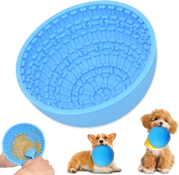Lick Bowl, Silicone Dog Slow Feeder Bowl, Dog Enrichment Bowl Pet Slow Feeder Bowls for Oral Health Preventing Choking Anxiety Relief Wobble or Stay Put (Blue+Green)