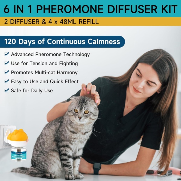 Cat Calming Plug-in, Cat Pheromone Diffuser Relieve Anxiety & Stress, 6-in-1 Cat Plug in Calmer Kit with 2 Diffuser + 4 Refill 48ml, Cat Pheromones Calming Diffuser Kit Lasts Up To 120 Days - Image 2