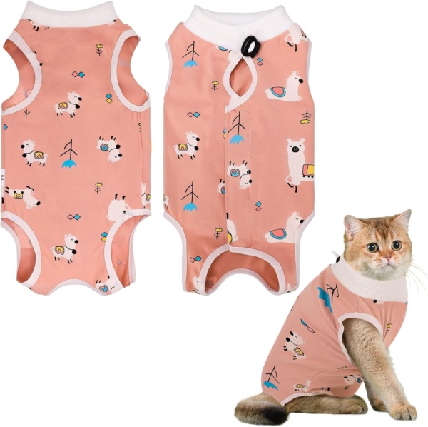 Cat Surgery Recovery Suit Cat Post Surgical Recovery Suit Kitten Onesie Bodysuit Anti-licking Cat Vest Wound Protector Cat Recovery Clothes, Elizabethan Collar & Cone Alternative(M/Alpaca Print)