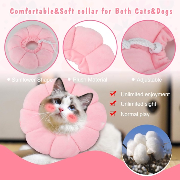 HYLYUN Cat Cone Collar Soft - Cute Pink Flower Cat Recovery Collar, Adjustable Cat E Collar, Surgery Recovery Elizabethan Collars for Kitten and Cats - Image 3