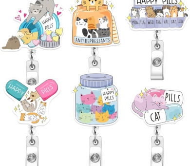 6 Pcs Cats Badge Reel Happy Pills Cat Lover Badge Clip Funny Mental Health Retractable ID Holder for Nurses Doctor Teacher Volunteer ID Card