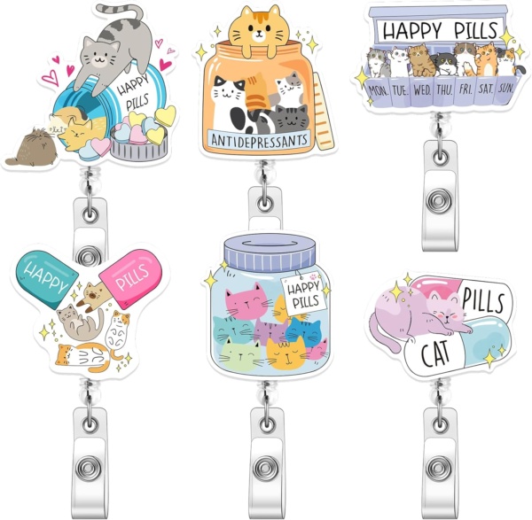 6 Pcs Cats Badge Reel Happy Pills Cat Lover Badge Clip Funny Mental Health Retractable ID Holder for Nurses Doctor Teacher Volunteer ID Card