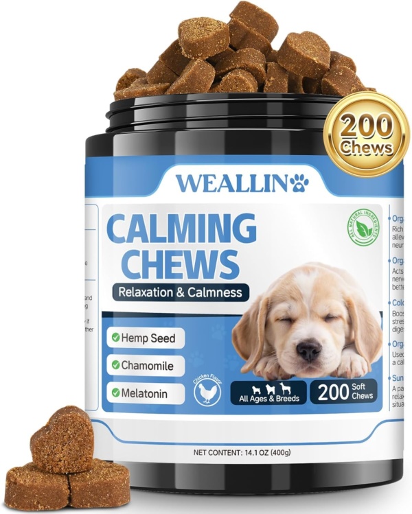 Dog Calming Treats, 200 Count Natural Soothing Dog Chews for Relaxation Support – Helps with Puppy Separation, Barking, Travel, Thunder & Tension – For All Breeds & Sizes – Chicken Flavor
