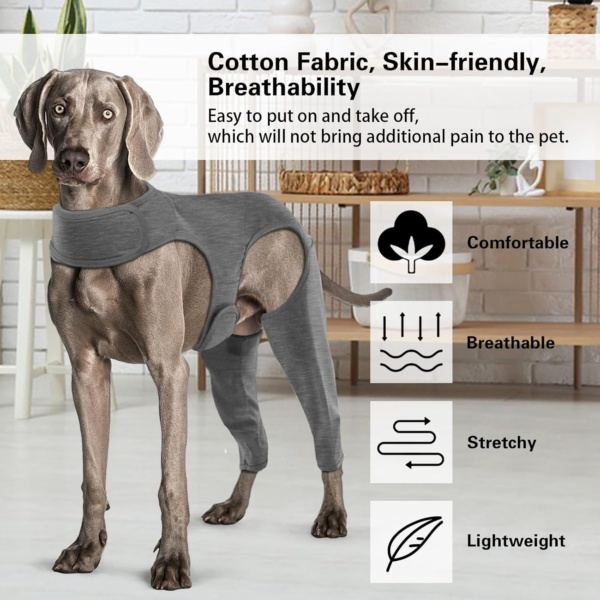 Dog Surgery Recovery Suit - Leg Wound Protector Brace, Comfortable Elbow Protector Cone Alternative - Prevent Licking & Bite - Long Sleeve Suits - Leg Brace Support (Grey, XL) - Image 4