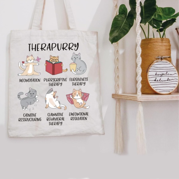 POFULL Therapurry Cats Puns Gift Emotional Regulation Mental Health Cats Gift Cats Lover Gift Therapist Cats Lover Tote Bag - Image 7