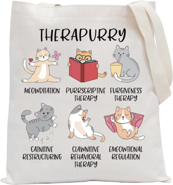 POFULL Therapurry Cats Puns Gift Emotional Regulation Mental Health Cats Gift Cats Lover Gift Therapist Cats Lover Tote Bag