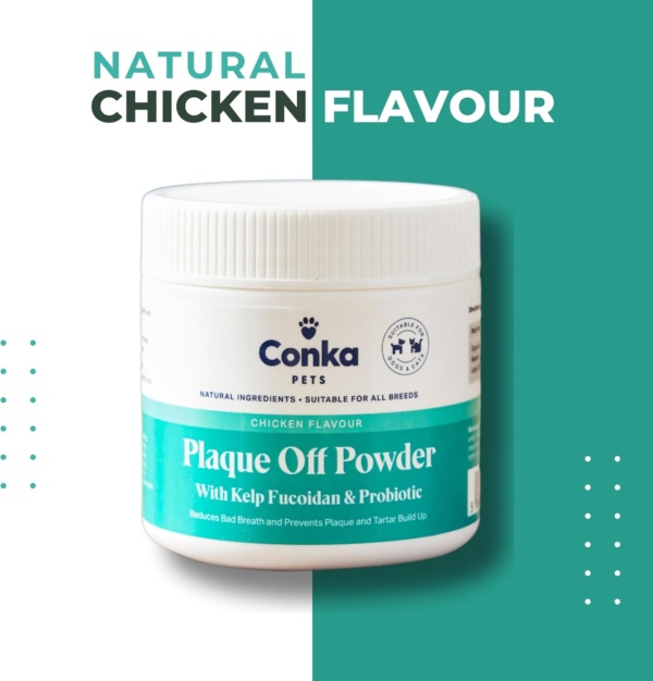 Conka Pets Plaque Off Powder - Dental Health Support, Reduces Tartar & Freshens Breath, Natural & Grain Free, Chicken Flavour Powder, Vet Recommended Oral Care Supplement/Support - Image 2