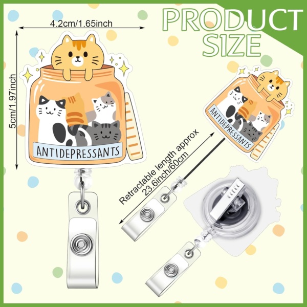6 Pcs Cats Badge Reel Happy Pills Cat Lover Badge Clip Funny Mental Health Retractable ID Holder for Nurses Doctor Teacher Volunteer ID Card - Image 2