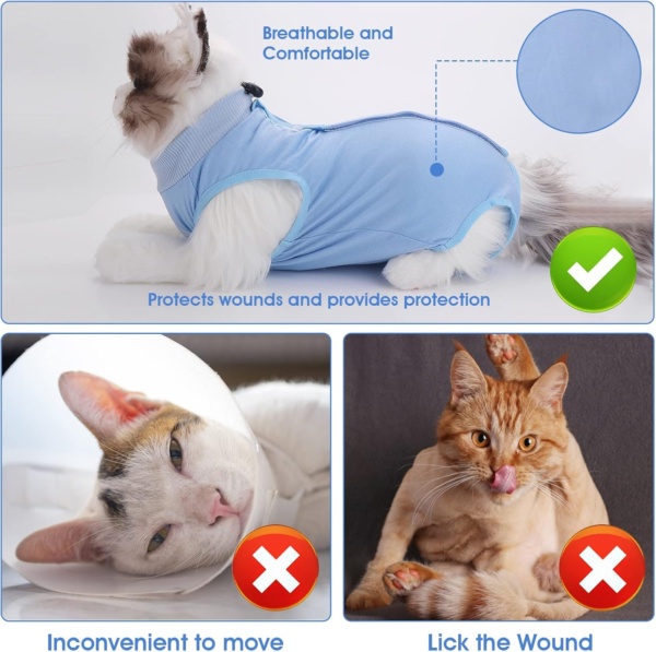 Cat Professional Recovery Suit for Abdominal Wounds or Skin Diseases, After Surgery E-Collar Alternative for Cats Anti Licking Pajama Suit Kittens Surgery Recovery Suit (Blue, M Size) - Image 2