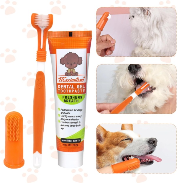 Dog Toothpaste and Brush 3PCS Soft Bristle Dog Dental Care Kit Puppy Dogs & CatsThree-Sided Toothbrush Teeth Finger Brush with Paste Plaque Tartar Remover Breath Freshener - Image 2