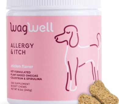 WagWell Allergy and Itch Chews – Chicken Flavored – Plant Based with Colostrum and Spirulina – Dog Skin and Coat Supplement for Itch Relief and Digestive Health, 60 Chews