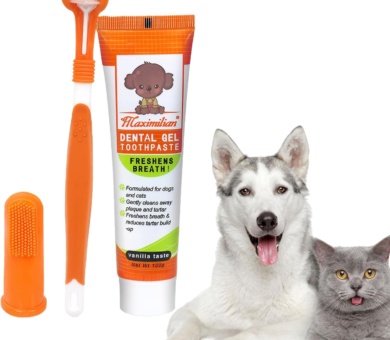 Dog Toothpaste and Brush 3PCS Soft Bristle Dog Dental Care Kit Puppy Dogs & CatsThree-Sided Toothbrush Teeth Finger Brush with Paste Plaque Tartar Remover Breath Freshener