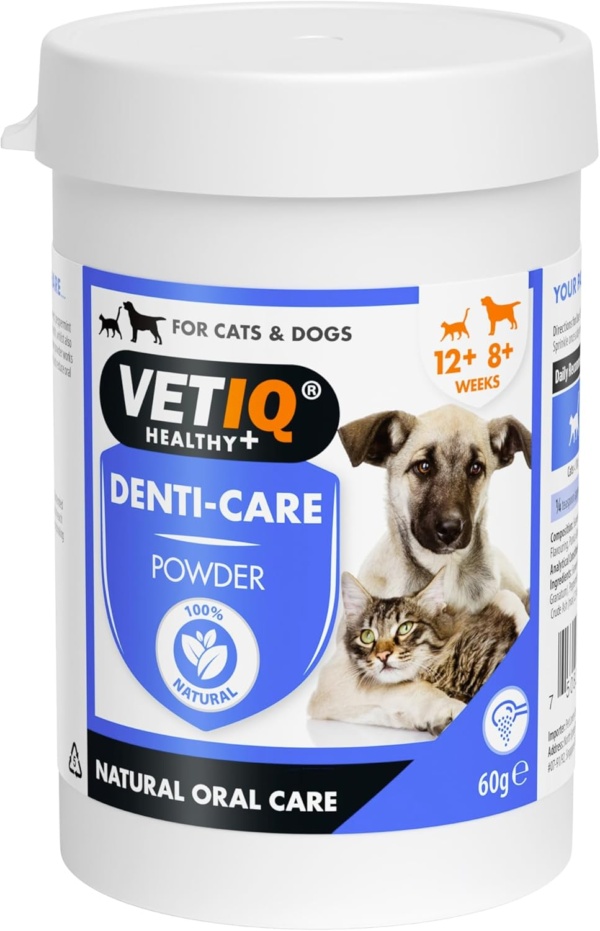 VETIQ Denti-Care Powder For Cats 12+ Weeks & Dogs 8+ Weeks, Natural Oral Care Remedy to Help Remove Plaque & Prevent Tartar Build Up & Keeps Teeth Cleans & Freshens Breath, 60 g (Pack of 1)