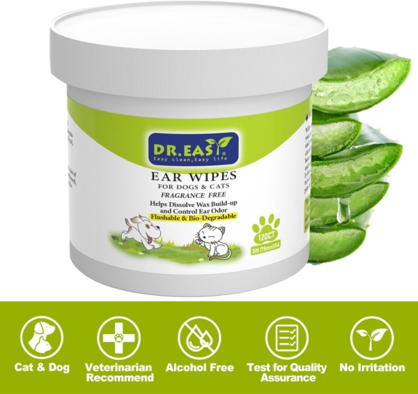Dr.Easy Pet Ear Grooming Wipes 120ct for Dogs &Cats Fragrance Free,Helps Dissolve Wax Build-Up and Control Ear Odor,flushable & Compostable,Stop Ear Itching Natural Cleansing (120ct) - Image 2