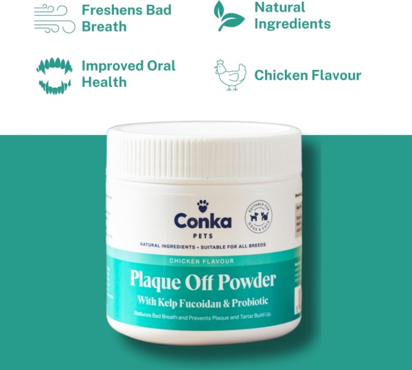 Conka Pets Plaque Off Powder - Dental Health Support, Reduces Tartar & Freshens Breath, Natural & Grain Free, Chicken Flavour Powder, Vet Recommended Oral Care Supplement/Support - Image 3