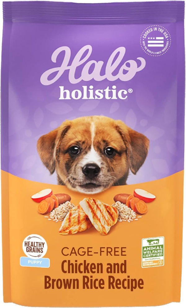 Halo Purely for Pets Holistic Dog Food, Complete Digestive Health Cage-Free Chicken and Brown Rice Recipe, Dry Dog Food Bag, Puppy Formula, 3.5-lb Bag