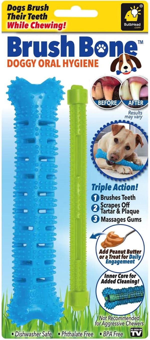 As Seen On TV BrushBone Dog Toothbrush, Dogs Brush Their Teeth While Chewing, Plaque and Tartar Remover for Teeth, Works 3 Ways to Clean, Invented by a Dentist & His Hygienist Wife