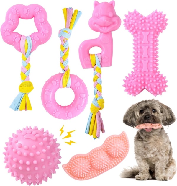 Puppy Toys,Dog Chew Toy for Teething Small Dogs, Puppy Chew Squeaky Toys, Soft & Durable Dog Chew Toys Cleaning Teeth and Protects Oral Health (Pink 6 PACK)