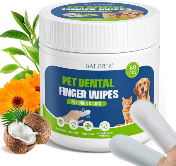 Dogs Teeth Cleaning Wipes, Dog Dental Finger Wipe for Dog & Cats Care Reduces Plaque & Freshens Breath, Disposable Dogs Finger Toothbrush Gentle Pet Dental（60 Counts）