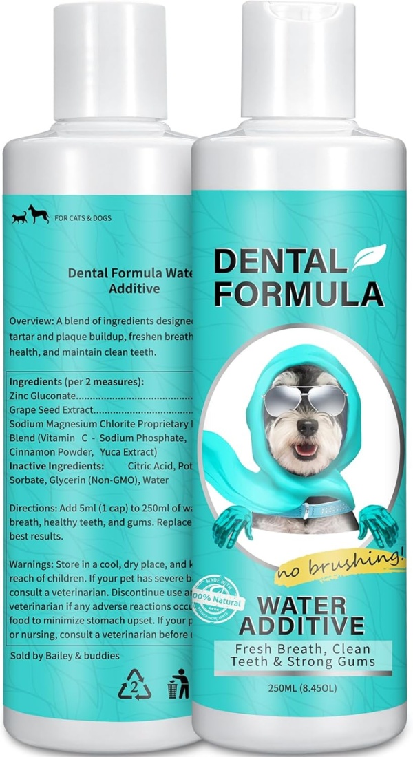 Bailey & buddies Dental Formula Water Additive For Dogs & Cats - Clean Teeth, Healthy Gums & Fresh Breath - Manage Plaque & Tartar Build-Up - No Brushing Needed - Cat/Dog Oral Health & Mouthwash