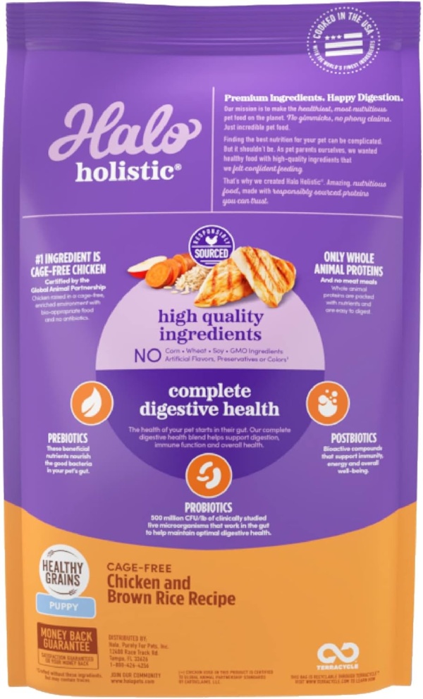 Halo Purely for Pets Holistic Dog Food, Complete Digestive Health Cage-Free Chicken and Brown Rice Recipe, Dry Dog Food Bag, Puppy Formula, 3.5-lb Bag - Image 2