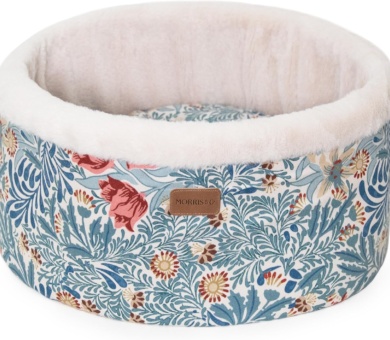 Rosewood x Morris & Co. Bower Berry Round Bed for Dogs and Cats, Small Dog Bed, Blue, Raised Padded Sides, Soft and Calming, Easy-Care, Luxury William Morris Print