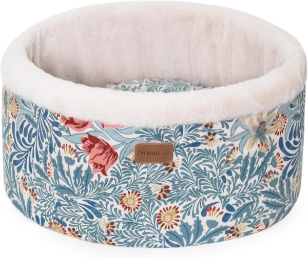 Rosewood x Morris & Co. Bower Berry Round Bed for Dogs and Cats, Small Dog Bed, Blue, Raised Padded Sides, Soft and Calming, Easy-Care, Luxury William Morris Print