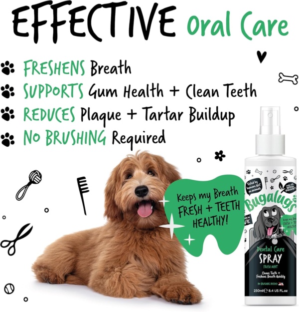 BUGALUGS Dog Breath Freshener Dental Care Dog Spray. Clean Teeth, Healthy Gums & Fresh Breath - Natural Dog plaque remover & tartar remover for teeth. No Brushing Needed (Dog 250ml Spray) - Image 2