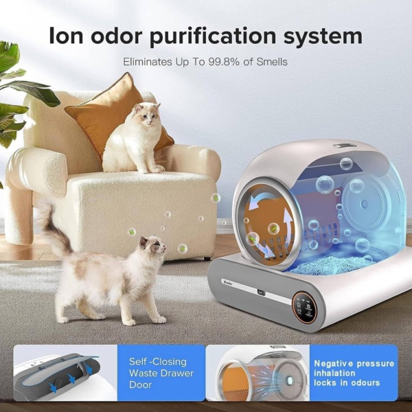 Self Cleaning Cat Litter Box 65L, App Control And Health Monitoring,Safe Anti-Pinch,Ion Deodorisation,9l Waste Bin, For Multiple Cats, With Garbage Bags - Image 4