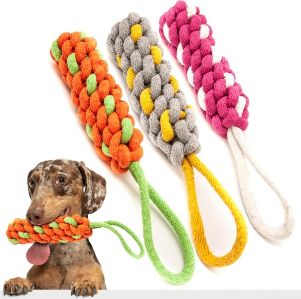 2x Braided Dog Rope Stick Puppy Teething Toys for Small & Medium Dogs - Interactive, Dental Health, Tug of War, Catch Fetch Play (Assorted, Pack of 2)