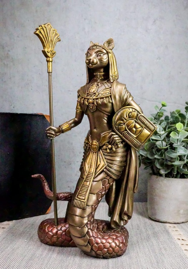 Ebros 11"H Egyptian Feline Goddess Bastet Cat With Slain Snake Apep Tail Holding Spear & Shield Statue 11"H Ubasti Bast Patron Of Protection Health Home Harvest Gods Of Egypt Figurine (Bronze Patina) - Image 7