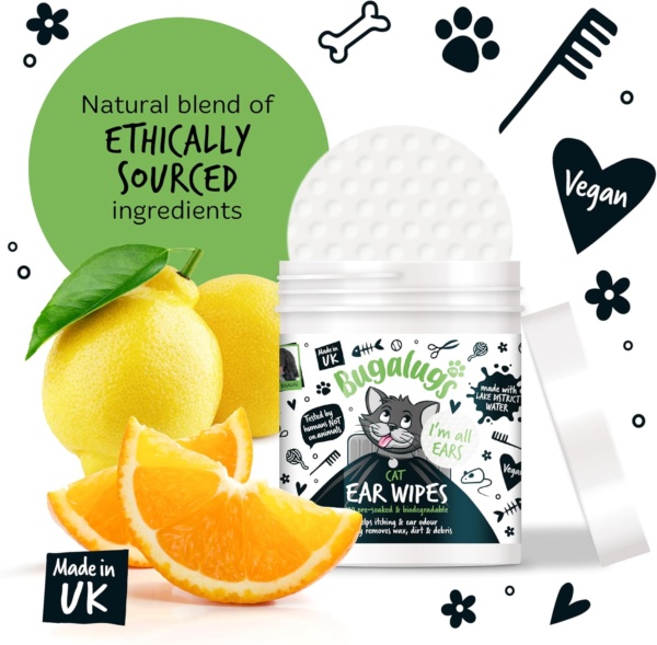 BUGALUGS Cat Ear Cleaner Cat Wipes 100 Biodegradable textured pre-soaked cat ear wipes. Pet Wipes Cat Ear Cleaner Solution Stops Head Shaking, Itching & Waxy Ears (100 Wipes) - Image 5