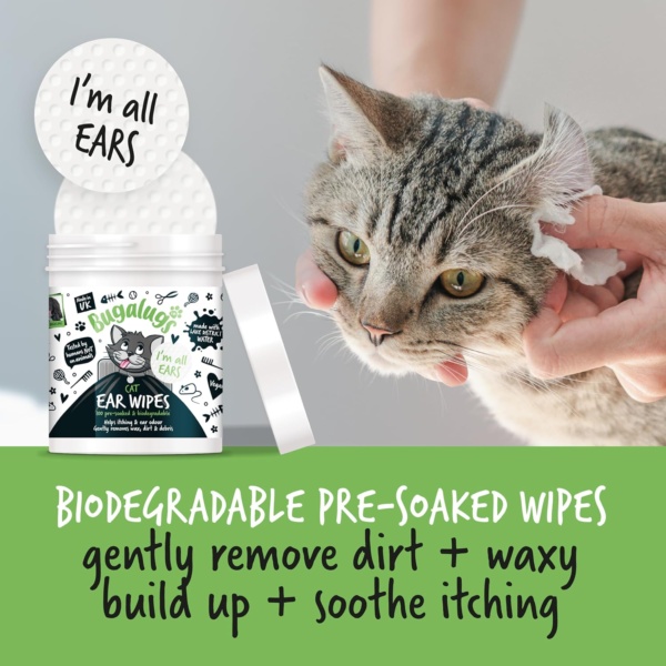 BUGALUGS Cat Ear Cleaner Cat Wipes 100 Biodegradable textured pre-soaked cat ear wipes. Pet Wipes Cat Ear Cleaner Solution Stops Head Shaking, Itching & Waxy Ears (100 Wipes) - Image 2