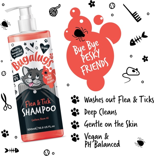 Flea and Tick Cat Shampoo by Bugalugs 500ml, Deep Cleansing for Cats for Fleas, Ticks & Mites contains Neem Oil, PH Balanced Vegan (500ml Flea Shampoo) - Image 5