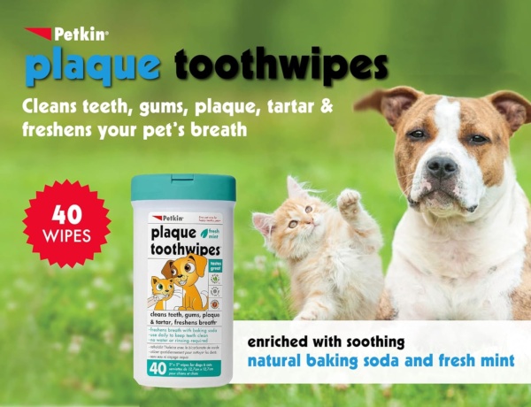 Petkin Plaque Toothwipes Fresh Mint 2 Packs of 40 Wipes - Cleans Teeth, Gums, Plaque & Tartar, freshens Breath. Tooth Wipe for cat or Dog. - Image 2