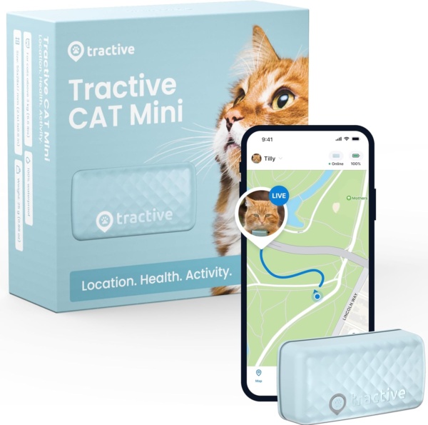 Tractive GPS Cat Tracker (6.5 lbs+), Real-time Pet Location Tracker, Health & Wellness Alerts, Battery Life Up to 7 Days, Breakaway Cat Collar Included (Mint)
