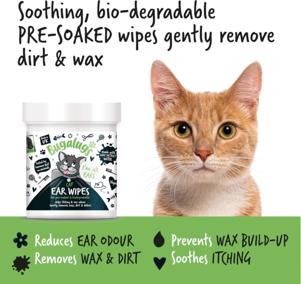 BUGALUGS Cat Ear Cleaner Cat Wipes 100 Biodegradable textured pre-soaked cat ear wipes. Pet Wipes Cat Ear Cleaner Solution Stops Head Shaking, Itching & Waxy Ears (100 Wipes) - Image 6