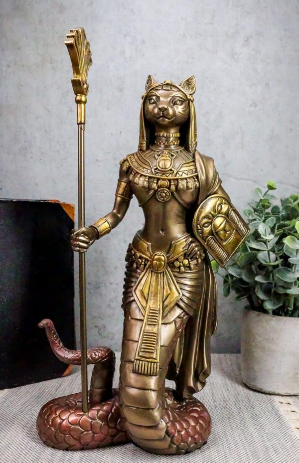 Ebros 11"H Egyptian Feline Goddess Bastet Cat With Slain Snake Apep Tail Holding Spear & Shield Statue 11"H Ubasti Bast Patron Of Protection Health Home Harvest Gods Of Egypt Figurine (Bronze Patina) - Image 6
