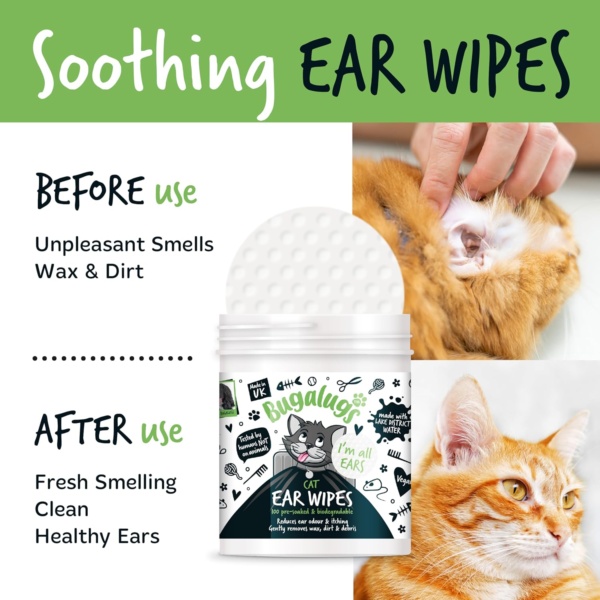 BUGALUGS Cat Ear Cleaner Cat Wipes 100 Biodegradable textured pre-soaked cat ear wipes. Pet Wipes Cat Ear Cleaner Solution Stops Head Shaking, Itching & Waxy Ears (100 Wipes) - Image 4